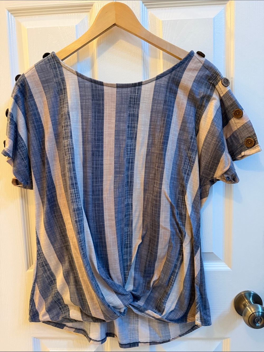 Women's Blue and Cream Striped Knot-Front Blouse